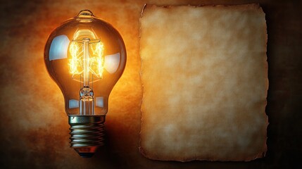 glowing vintage light bulb and aged parchment with burnt edges bathed in warm nostalgic light, evoking inspiration and creative ideas