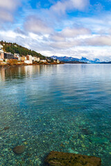 view of the sea and mountains San Carlos de Bariloche, Civic Center, Patagonia Argentina glacial lake Nahuel Huapi