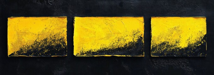 Three textured yellow rectangular panels with black splatter and gradient on a rough dark background, bold dramatic abstract minimal composition