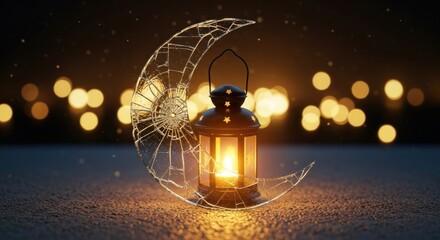 A crescent moon with a lantern hanging from it, set against a bokeh background with warm lights.