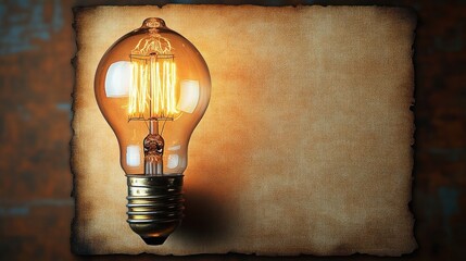 Glowing vintage filament light bulb casting warm amber light and shadow over aged parchment with burnt edges, evoking nostalgia and creative inspiration