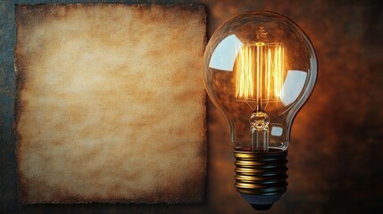 glowing vintage filament light bulb beside an aged parchment sheet on a textured dark background, warm amber glow evoking nostalgic inspiration and creative idea