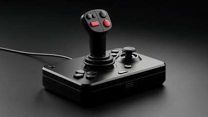 A black retro-style joystick with red buttons on a dark surface, used for gaming or flight simulation.