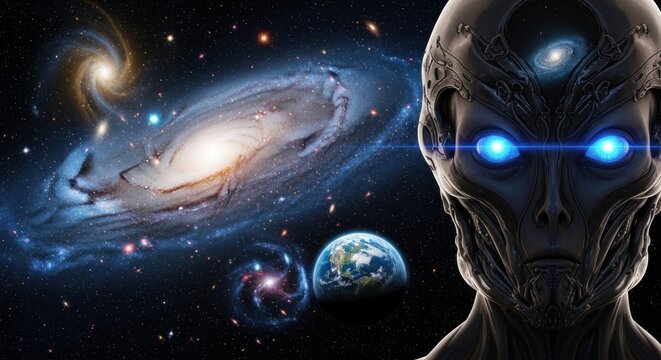 A futuristic alien face with glowing blue eyes and intricate designs, set against a backdrop of a spiral galaxy and Earth.