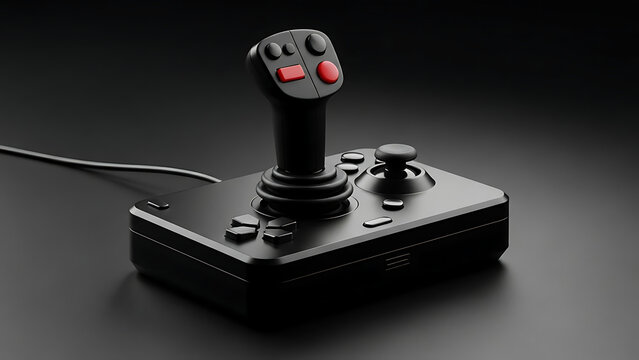 A black retro-style joystick with red buttons on a dark surface, used for gaming or flight simulation.