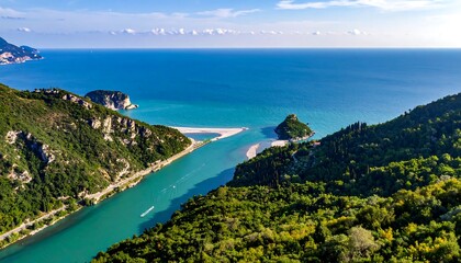 Obraz premium Aerial view of a river flowing into the sea surrounded by lush greenery.