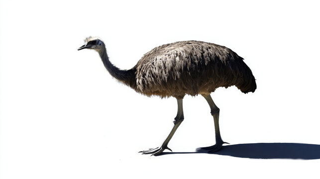 A large gray ostrich-like bird stands isolated on a white background its shadow cast behind it.