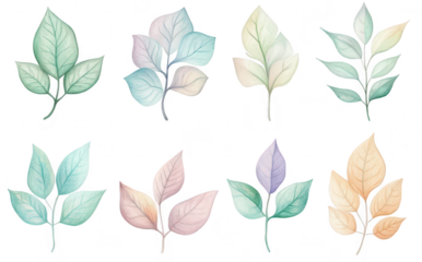 A collection of beautifully illustrated watercolor leaves in various shapes and colors. a serene and natural aesthetic. ideal for botanical designs and backgrounds