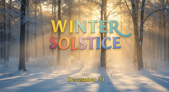Winter Solstice text over a sunlit snowy forest with sunbeams through trees image photo