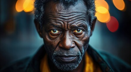 Close-up portrait of an older person with short gray curly hair and jacket against warm bokeh city lights, quiet contemplative mood