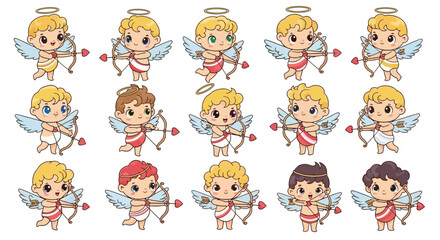 Set of adorable chibi style angel cupids holding bows and heart arrows, isolated collection for romantic designs