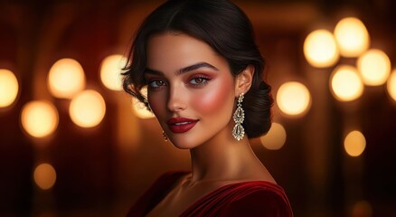 Fototapeta premium Elegant portrait of a person in a red velvet off-shoulder dress wearing ornate crystal drop earrings, dark hair in a chic updo, warm golden bokeh lights, glamorous and poised