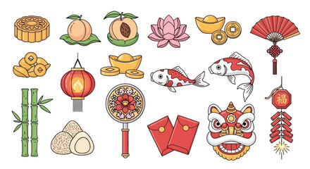 Collection of traditional Chinese cultural symbols and festive elements for Lunar New Year and Mid-Autumn Festival, a comprehensive vector icon set