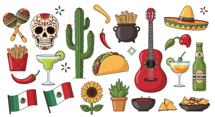 A vibrant and festive collection of Mexican-themed icons including tacos, cacti, guitars, and flags for a celebratory design