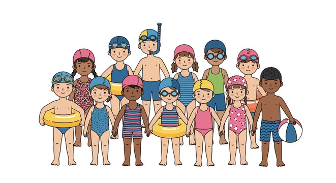 A large, diverse group of cheerful cartoon children in colorful swimwear and swimming gear, ready for summer fun at the pool