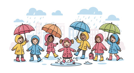 Joyful children in colorful raincoats and boots jumping in puddles under umbrellas, celebrating a rainy day outdoors