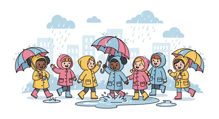 Cheerful illustration of diverse children playing in the rain, jumping in puddles with colorful umbrellas and raincoats