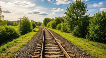 Obraz premium A railway track winding through a forested area with lush green trees and a clear blue sky.