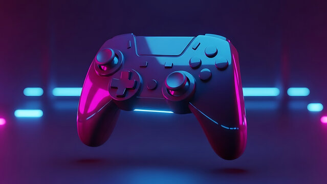 Modern video game controller illuminated by vibrant neon pink and blue lights against a dark, futuristic background with glowing lines.