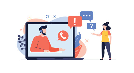 Illustrating the concept of customer support and technical assistance provided through online communication and digital platforms.