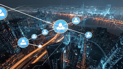 Futuristic city skyline at night with digital connections and user icons representing networking - Powered by Adobe