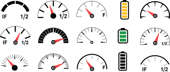 Gauge and battery icon set, fuel level indicators, charge status symbols for automotive dashboard, electronic interface, vector design collection