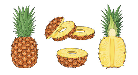 Whole and sliced pineapples showing their textured skin and juicy yellow flesh.