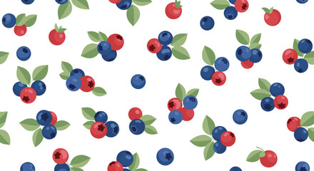 A delightful scattering of ripe blueberries and raspberries with green leaves on a white background.