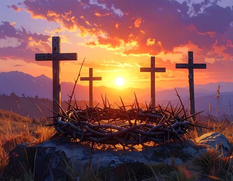 Dramatic scene Four crosses with crown of thorns under sunset - Powered by Adobe