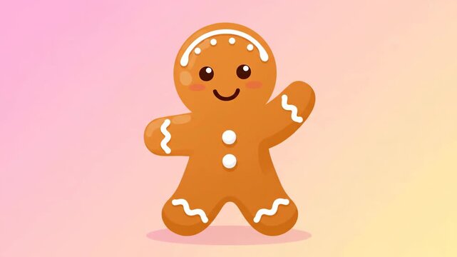 Cute vector illustration of a happy gingerbread man waving his hand on a soft gradient background. Festive holiday cookie character