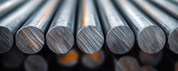 close-up of stacked polished steel round bars with textured cut ends and warm reflections, conveying industrial precision and strength