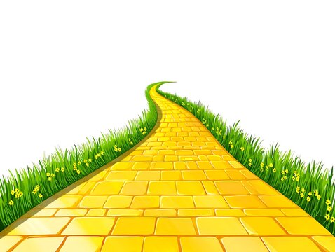 Enchanted yellow brick road winding toward a magical emerald city, featuring vibrant fantasy colors, clean white background, smooth path design, modern vector style, perfect for adventure themes.