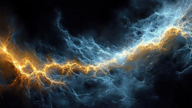 blue and gold electric plasma lightning cutting through dark smoky clouds, dramatic intense surge of energy