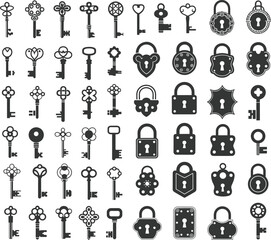 Key and lock icon set, vintage, modern, ornate vector illustrations for security, access, interface design, black and white collection