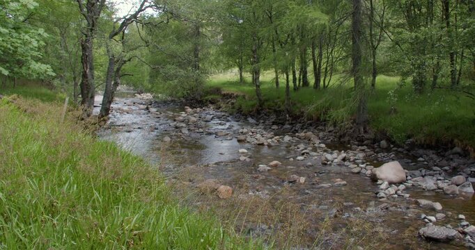 Wide shot looking upstream River south esk at Corrie Fee National Nature Reserve