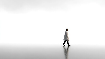 Obraz premium lone professional man wearing long white lab coat walks across highly reflective stark white surface against bright background