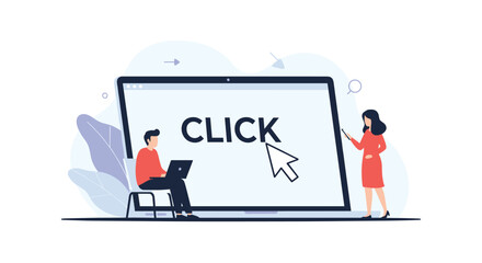 A cursor clicks on the word click on a laptop screen while two people look on.