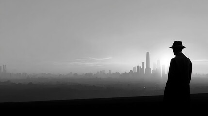 Silhouette of man in fedora and trench coat overlooks hazy sunlit cityscape skyline in black and white