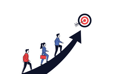 Individuals ascending an upward trending arrow toward a target representing goal achievement.