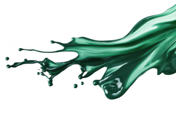 A splash of green paint flowing dynamically with droplets against a white background. creating an artistic and energetic visual perfect for creative projects or design work