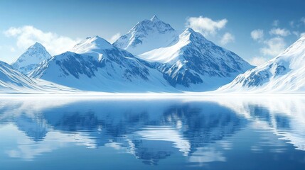 Snow covered mountain peaks reflected in a calm icy blue lake under a clear sky with soft clouds, evoking serene winter tranquility