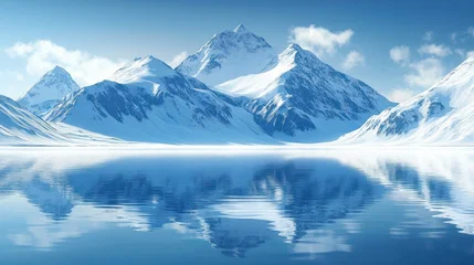 Tableau sur plexiglas Réflexion Snow covered mountain peaks reflected in a calm icy blue lake under a clear sky with soft clouds, evoking serene winter tranquility  © Aleksandra