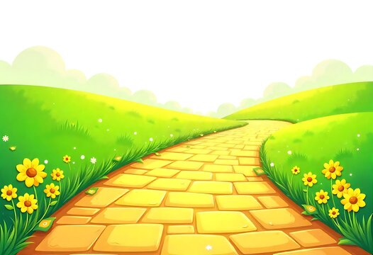 Enchanted yellow brick road winding toward a magical emerald city, featuring vibrant fantasy colors, clean white background, smooth path design, modern vector style, perfect for adventure themes.