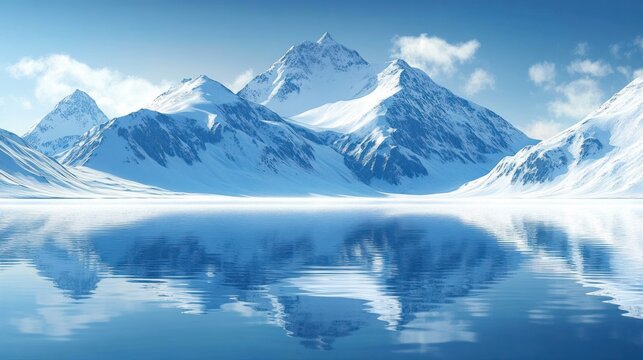 Snow covered mountain peaks reflected in a calm icy blue lake under a clear sky with soft clouds, evoking serene winter tranquility - Powered by Adobe