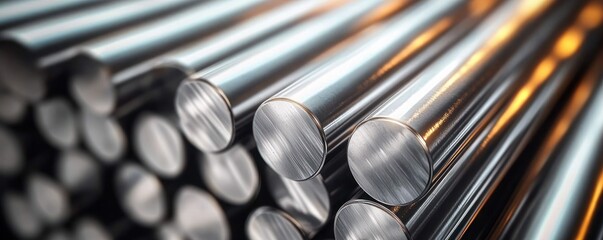 Close-up of shiny polished stainless steel rods stacked together conveying precision and industrial strength