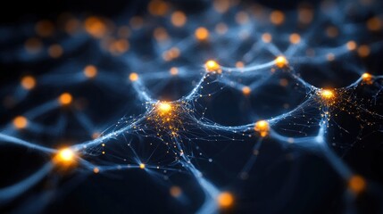 Glowing interconnected network of blue filaments and orange nodes, a futuristic pulsing mesh suggesting neural connections and dynamic data flow