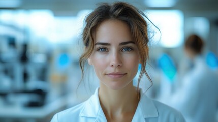female scientist in white lab coat standing in modern laboratory with hair loosely tied, calm confident professional demeanor and soft blue lighting