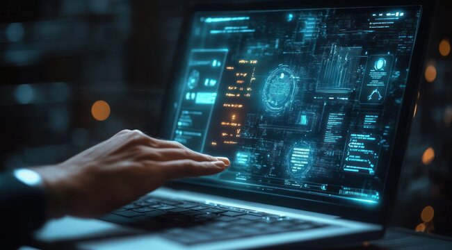 Hand hovering over glowing blue holographic data interface on laptop keyboard in dark high-tech workspace, focused and futuristic atmosphere