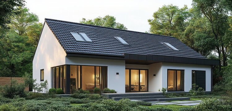 Contemporary white single-family home with dark tiled roof, large glass doors and warm interior lighting nestled in a lush green garden, cozy serene evening atmosphere