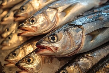 Close-up of rows of fresh silver whole fish on ice with open mouths and glistening scales conveying cold freshness and stillness